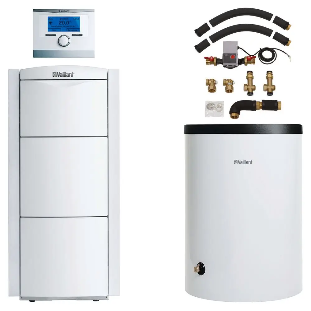 Vaillant-Heizgerät mit Anzeige und zugehörigem Pufferspeicher, ergänzt durch Rohrleitungen und Armaturen für die Installation.